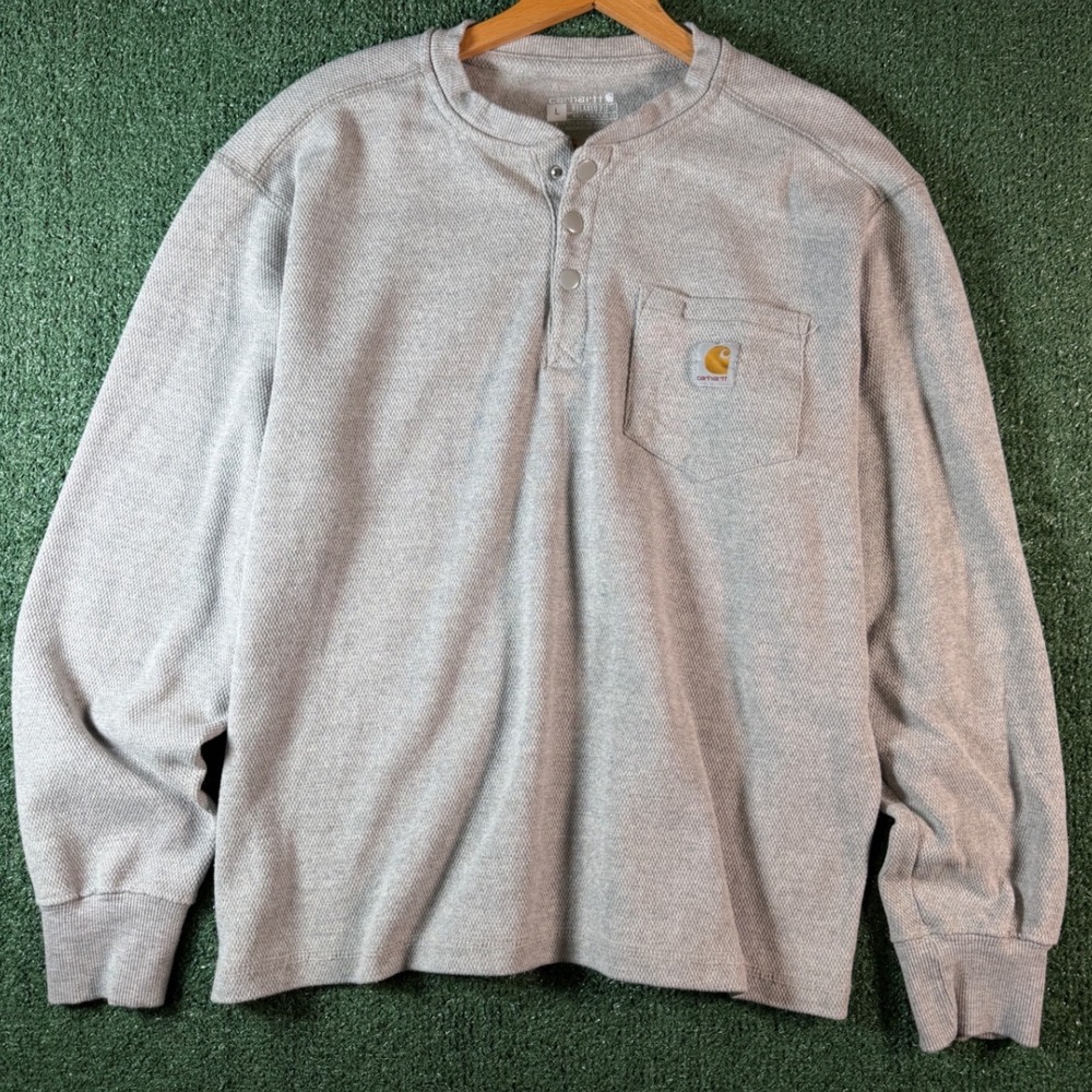 Carhartt Henley Shirt Mens L Gray Good Relaxed Fit Waffle Knit TK4429-M